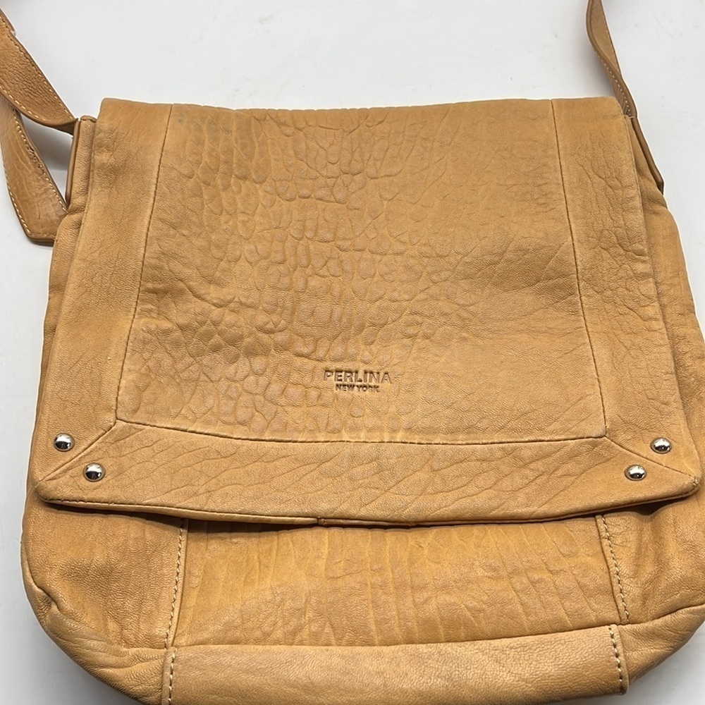 Perlina Tan Leather Crossbody Bag. MCB1639D